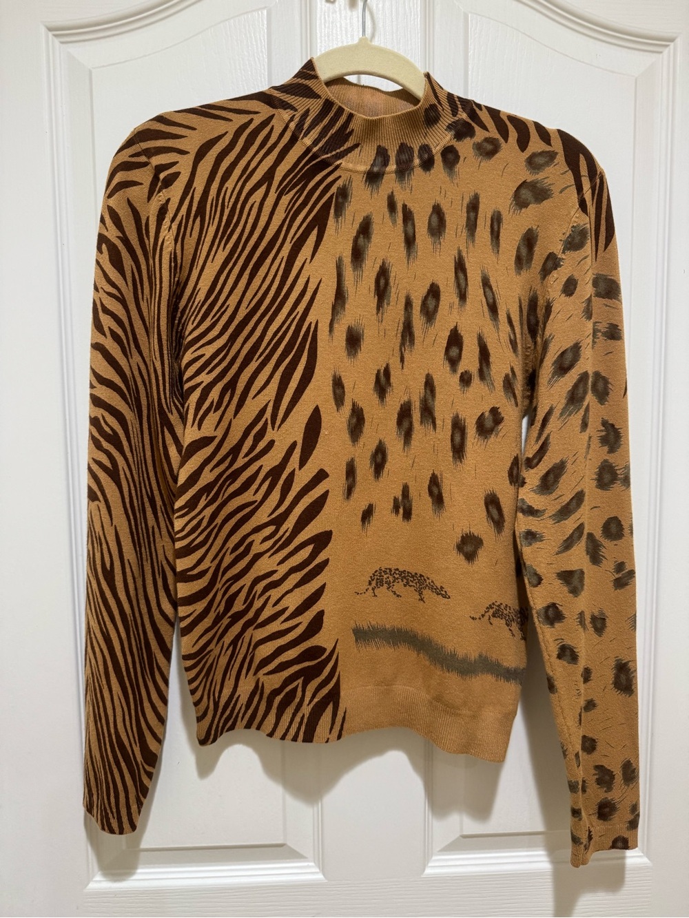 Vintage 90s La Cité Mixed Animal Print Mock Neck Sweater M Zebra Leopard